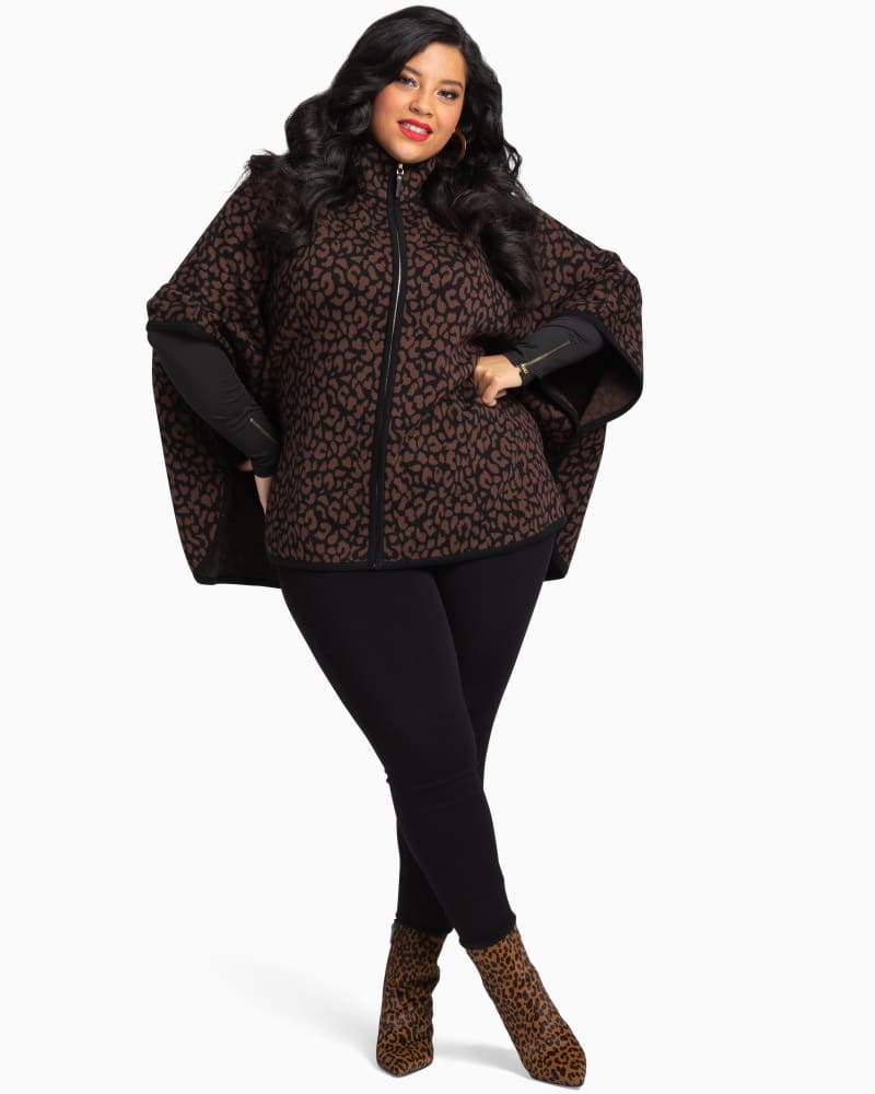 Plus size model with pear body shape wearing Whitney Zip Sweater Poncho by Rafaella | Dia&Co | dia_product_style_image_id:111631